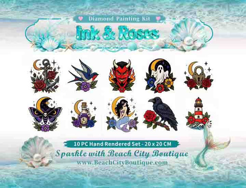 Collection of gothic tattoo-inspired mini diamond art illustrations featuring a mermaid, devil, ghost, raven, death moth, lighthouse, anchor, potion bottle, swallow, and floral lock in bold vintage flash art style by Kelly Reins.
