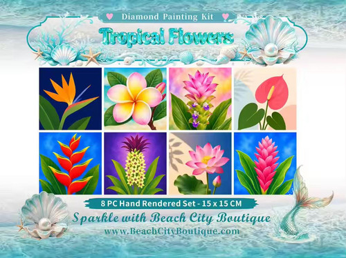 Tropical Flowers mini diamond art collection featuring vibrant botanical designs including bromeliad, pink ginger, anthurium, plumeria, lotus, heliconia, curcuma flower, and bird of paradise