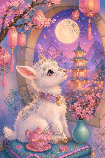Young white goat beneath pink lanterns and cherry blossoms overlooking a full moon, mountain landscape, and glowing pagoda.