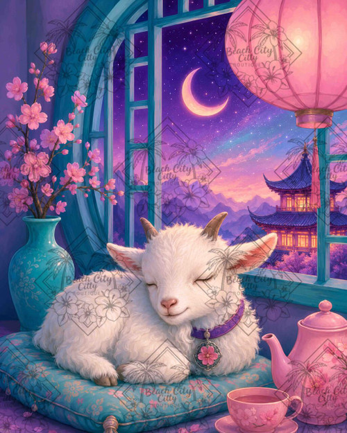 Sleeping white baby goat on a turquoise cushion beside pink cherry blossom tea ware with a crescent moon and glowing pagoda outside.