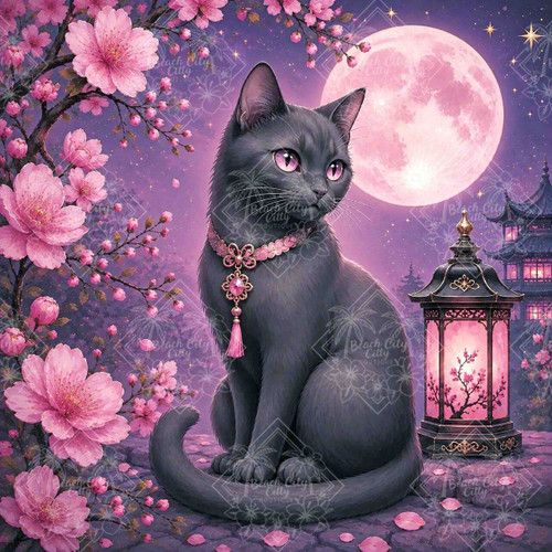 Elegant black cat with pink jeweled floral necklace beneath a glowing pink full moon, surrounded by cherry blossoms and an ornate pink lantern.