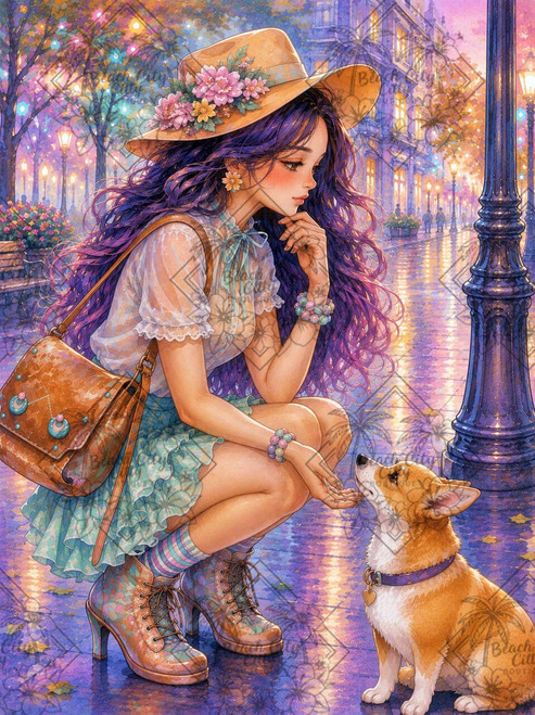 Purple-haired woman in a floral hat crouching to greet a corgi on a colorful rain-slick city street illuminated by glowing streetlamps.