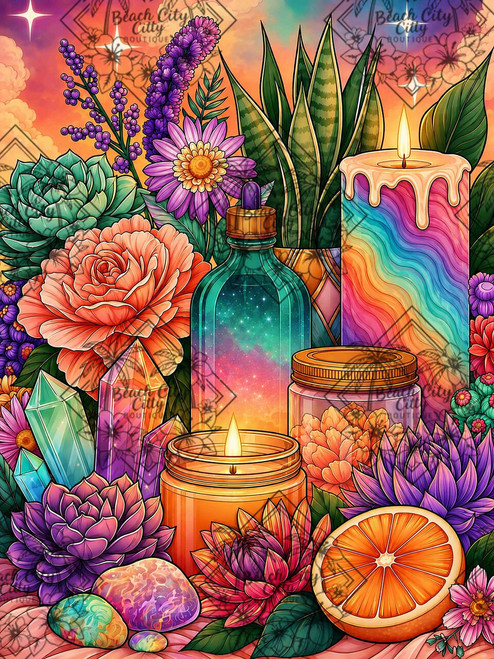 spa diamond painting, candles artwork, botanical flowers, crystal art, wellness decor, aromatherapy artwork, colorful floral still life, Finira Art