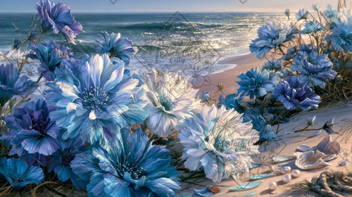 Large blue and ivory wildflowers blooming on sandy coastal dunes overlooking a sunlit ocean with shells and pearls on the beach.