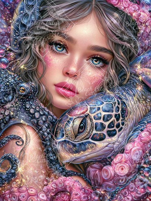 Fantasy woman surrounded by a sea turtle and dark octopus tentacles among glowing pink coral and colorful underwater details.
