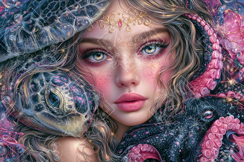 Fantasy woman with luminous eyes surrounded by a sea turtle, dark octopus, pink coral, bubbles and colorful underwater details.