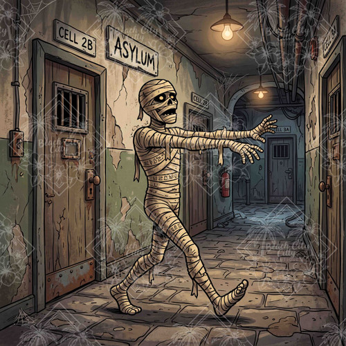 Walking The Halls mummy wandering through a creepy abandoned asylum hallway