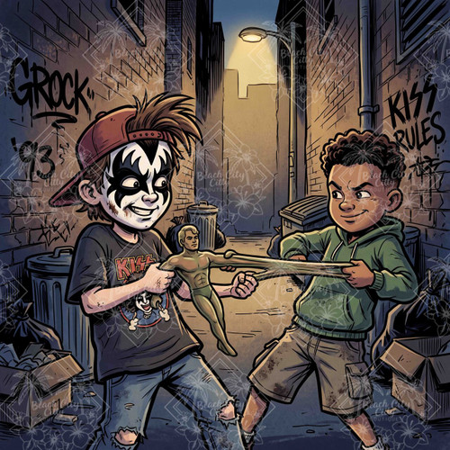 Detroit Rock City by Kristin Schwenke Block featuring two young rock fans with painted faces, long hair and retro clothing sitting together in a gritty urban alley.