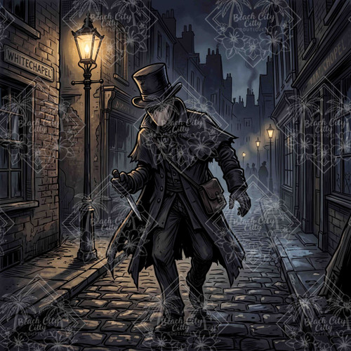 Whitechapel by Kristin Schwenke Block featuring a mysterious Victorian gentleman in a black top hat and coat walking through a foggy gaslit London street at night.