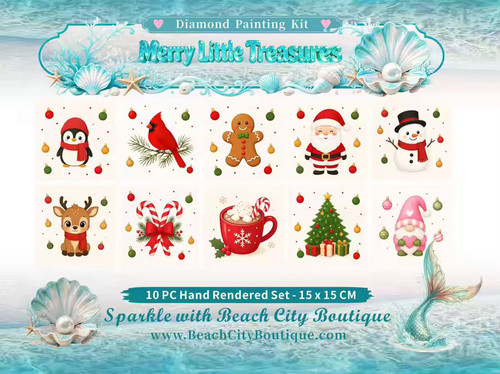 Collection of Merry Little Treasures Christmas mini diamond painting kits featuring cute winter characters, festive treats, candy canes, and holiday decor illustrations.