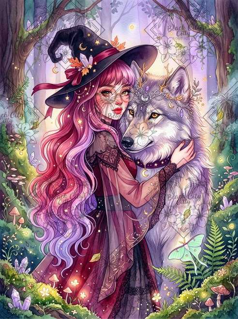 enchanted woodland filled with glowing crystals, mushrooms, ferns, moths and celestial details.