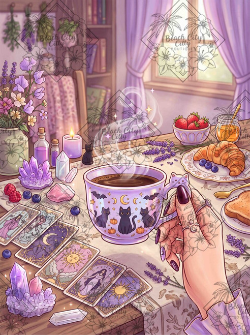 Mystic Coffee Reading featuring a steaming lavender cat mug surrounded by tarot cards, purple crystals, lavender, berries, candles and magical breakfast treats.