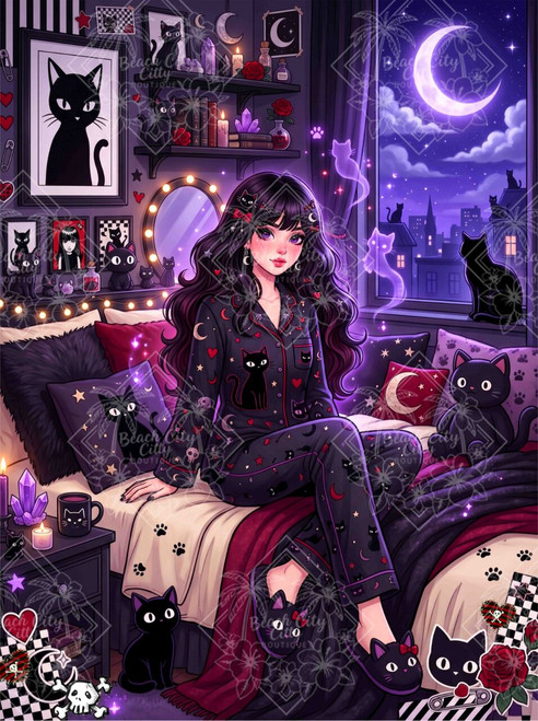 Midnight Cat Dreams featuring a gothic girl in black cat pajamas surrounded by black cats, crescent moons, purple crystals and glowing nighttime magic.