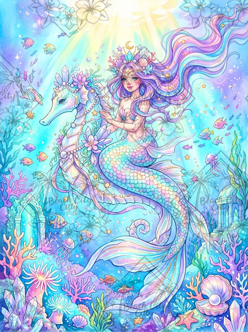 Celestial Seahorse Mermaid featuring a pastel mermaid riding an elegant jeweled seahorse through a colorful underwater kingdom filled with crystals, coral, pearls and tropical fish.