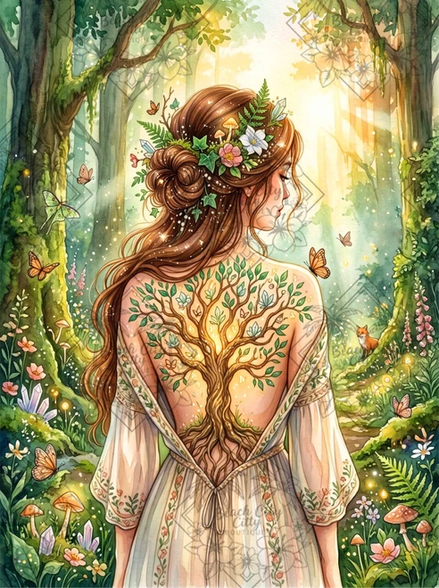 Enchanted Tree Spirit featuring a woodland woman with a glowing tree growing across her back, surrounded by butterflies, crystals, mushrooms and a magical sunlit forest.