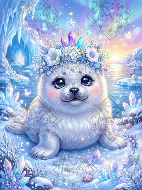 Aurora Crystal Seal featuring an adorable white baby seal crowned with blue and purple crystals beneath colorful northern lights in a sparkling Arctic landscape.