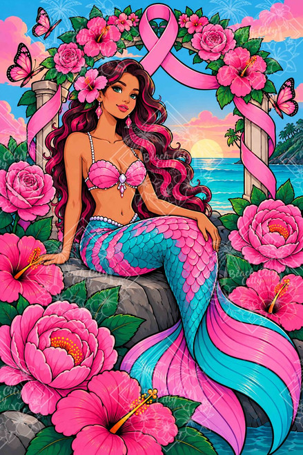 Pink Ribbon Paradise featuring a beautiful pink-haired mermaid with a turquoise and pink tail surrounded by hibiscus, roses, butterflies and a prominent breast cancer awareness ribbon beside a tropical ocean sunset.