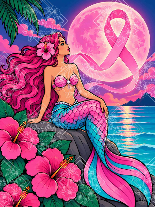 Hope Beneath Moonlight featuring a pink-haired mermaid with a turquoise and pink tail beneath an enormous glowing pink moon and breast cancer awareness ribbon beside a tropical sea.