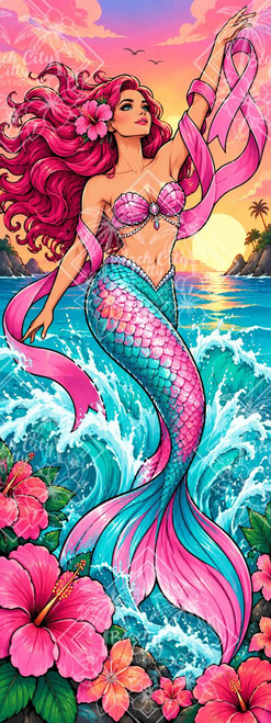 Mermaid Warrior Rising featuring a powerful pink-haired mermaid rising from turquoise ocean waves at sunset while holding a flowing pink breast cancer awareness ribbon.