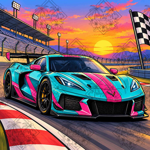 Sunset Racing Dreams featuring a vibrant turquoise and pink performance race car speeding around a racetrack beneath a brilliant orange, pink and purple sunset.