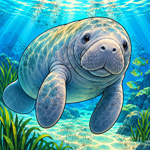 Gentle Ocean Manatee featuring a peaceful manatee swimming through crystal-clear turquoise water surrounded by tropical fish, seagrass and sunlit rocks.