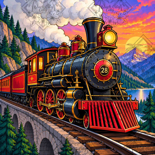 Mountain Railway Journey featuring a dramatic red, black and gold steam locomotive crossing a stone railway bridge beside a mountain lake at sunset.