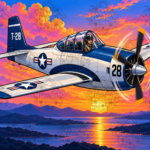 Vintage Trainer Flight featuring a classic blue and white T-28 propeller aircraft flying above a peaceful lake and mountain landscape during a brilliant sunset.