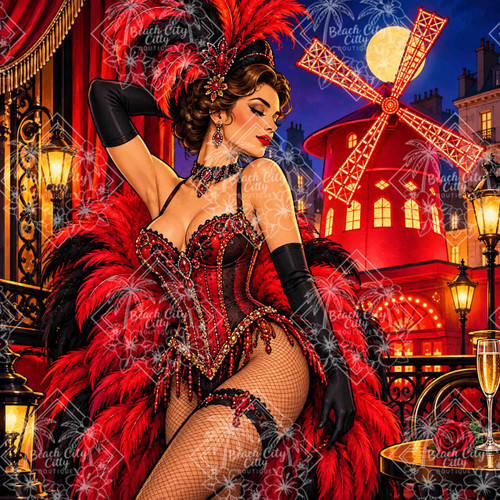 Moulin Rouge Showgirl featuring a glamorous Parisian cabaret dancer in an elaborate red and black jeweled corset, feathered costume and long gloves beneath a glowing moon.