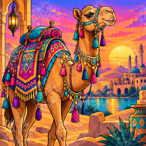 Jeweled Desert Camel featuring an elegant camel dressed in brilliant turquoise, pink, purple and gold textiles and jeweled tassels against a glowing desert sunset.