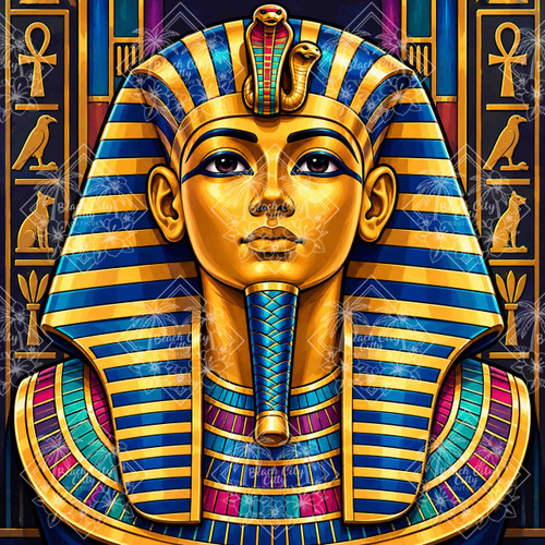 Golden Pharaoh Bust featuring a magnificent Egyptian pharaoh mask in brilliant gold, royal blue, turquoise and magenta framed by ancient Egyptian symbols.