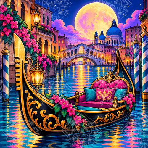 Moonlit Venetian Gondola featuring an ornate black and gold gondola with luxurious pink seating floating through a colorful Venice canal beneath an enormous glowing moon.