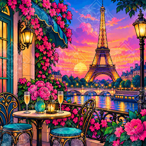 Paris Sunset Romance featuring the glowing Eiffel Tower viewed from a flower-filled Paris balcony with café seating, champagne and colorful Seine reflections.