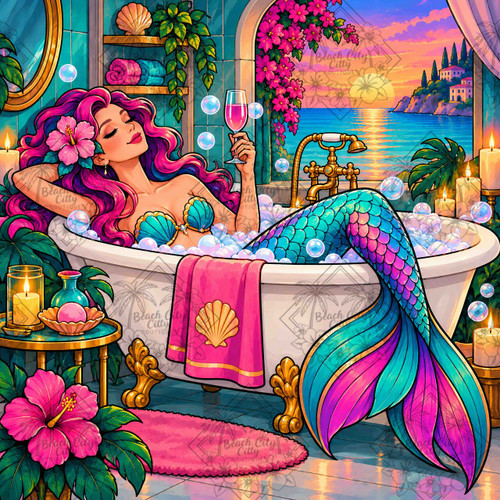 Mermaid Sunset Soak featuring a pink-haired mermaid relaxing in a bubble-filled bathtub with a brilliant turquoise and magenta tail, hibiscus flowers, candles and a tropical ocean sunset.