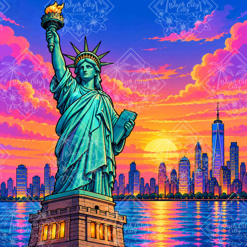 Liberty Sunset Glow featuring the Statue of Liberty overlooking the New York City skyline beneath a brilliant pink, purple, orange and blue sunset.