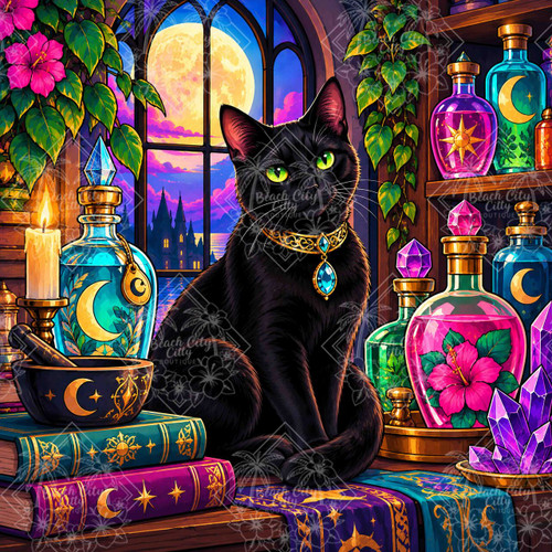 Moonlit Cat Apothecary featuring an elegant black cat with glowing green eyes surrounded by colorful potion bottles, purple crystals, magical books, candles and a luminous full moon.