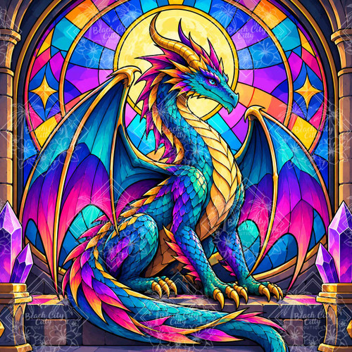 Stained Glass Dragon featuring a magnificent turquoise, sapphire, violet, pink and gold dragon posed before a brilliant jewel-toned stained-glass moon window.
