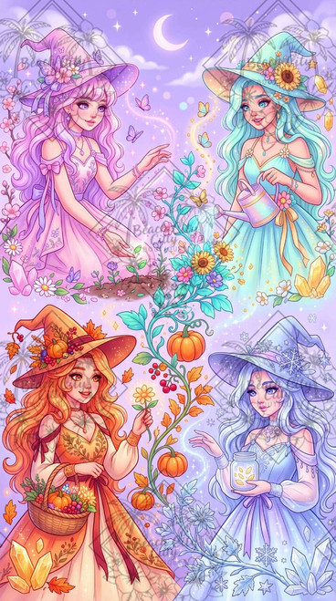 Four Seasons Witches featuring four magical witches representing spring, summer, autumn and winter with seasonal flowers, pumpkins, crystals, butterflies and celestial accents.