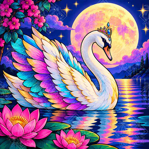 Celestial Swan Queen featuring an elegant white swan with turquoise, pink, lavender and golden feathers wearing a jeweled crown beneath an enormous glowing full moon.