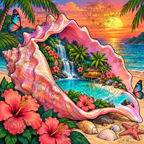Seashell Island Escape featuring a giant pink conch shell containing a tropical island paradise with waterfalls, palm trees, hibiscus flowers and turquoise water at sunset.