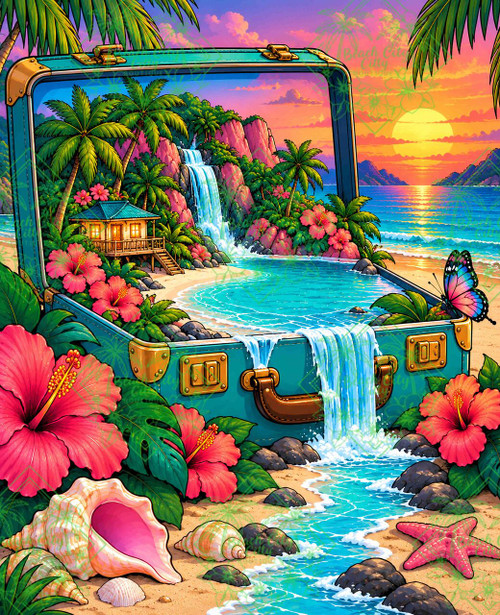 Tropical Suitcase Escape featuring a turquoise vintage suitcase opening into a tropical island paradise with waterfalls, hibiscus flowers, palm trees and a brilliant ocean sunset.
