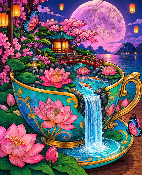 Moonlit Lotus Garden featuring a turquoise teacup transformed into an Asian-inspired garden with pink lotus flowers, koi fish, cherry blossoms, bridge and glowing moon.