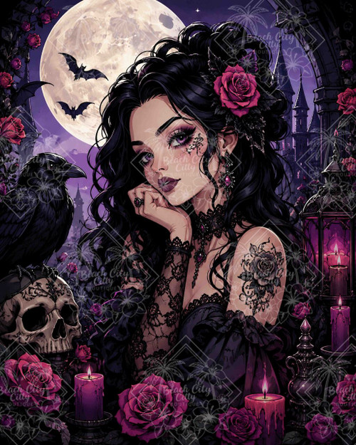 Raven Rose Enchantress featuring a beautiful gothic woman with black hair, purple eyes and dark rose tattoos surrounded by ravens, skulls, candles and magenta roses beneath a full moon.