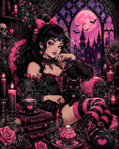 Gothic Kitty Romance featuring a pink-and-black gothic woman relaxing with a black kitten among roses, candles, spell books and a moonlit castle.