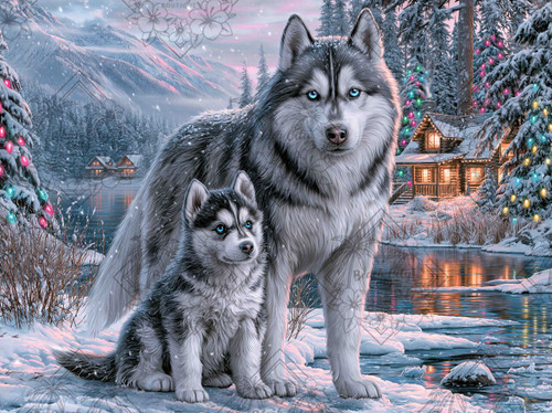 Blue-eyed adult husky and husky puppy beside a snowy mountain lake with Christmas lights and glowing log cabins.