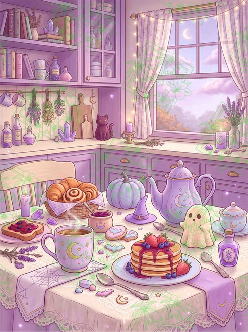 Spooky Breakfast Magic featuring a lavender witchy kitchen breakfast with pancakes, pastries, moon teapot, crystals, candles, pumpkins and an adorable little ghost.