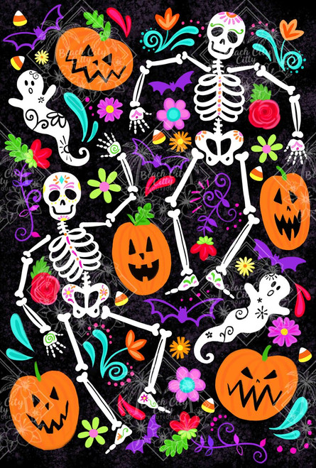 A Little Hocus Pocus by Karen Torok Art showing two dancing skeletons, orange jack-o'-lanterns, friendly ghosts, purple bats, candy corn and colorful flowers on a black background.