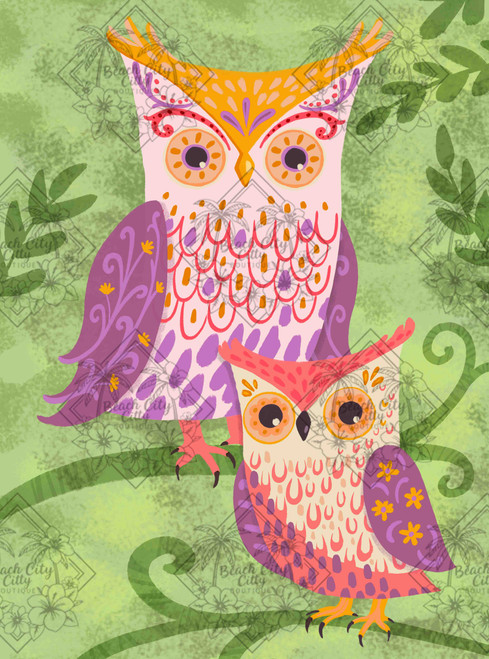 Owl Always Love You by Karen Torok Art featuring two whimsical pink, purple and orange owls with patterned wings perched on curling green branches in a leafy woodland setting.