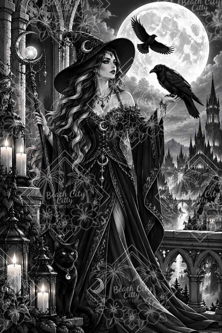Raven Moon Witch wearing an elegant black Gothic gown and pointed hat beneath a giant full moon, holding a raven with a black cat, candles, lanterns and distant castle.