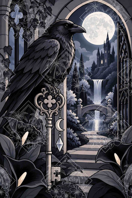 Raven Secret Key featuring a large black raven perched beside an ornate silver skeleton key beneath a full moon, framed by Gothic arches, dark lilies, waterfall and distant castle.
