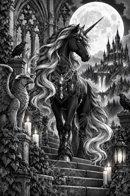 Moonlit Shadow Unicorn featuring a majestic black unicorn with flowing black-and-silver mane and jeweled tack beneath a full moon, surrounded by ravens, Gothic ruins, griffin and candles.